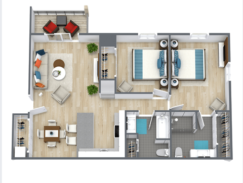 Floor plan for 2 beds, 2 baths, 960 sqft